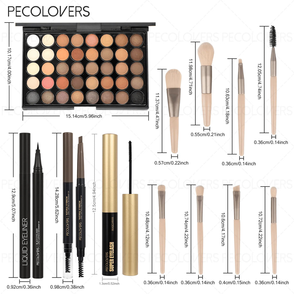 12PCS All-in-One Eye & Brow Makeup Set, 40 Shades Eyeshadow Palette, Eyebrow Pencil, Quick-Dry Liquid Eyeliner, Volumizing Curling Mascara with Brushes, Waterproof Sweat-proof, Matte Shimmer Glitter Eyeshadow Kit for Beginner