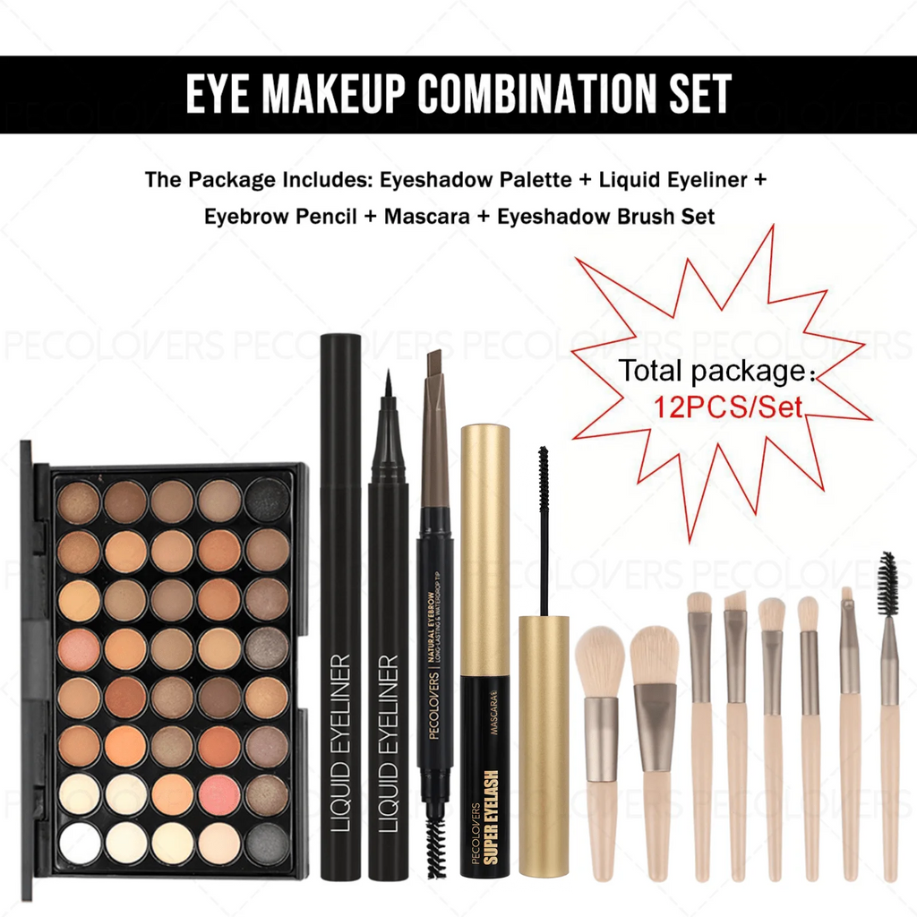 12PCS All-in-One Eye & Brow Makeup Set, 40 Shades Eyeshadow Palette, Eyebrow Pencil, Quick-Dry Liquid Eyeliner, Volumizing Curling Mascara with Brushes, Waterproof Sweat-proof, Matte Shimmer Glitter Eyeshadow Kit for Beginner