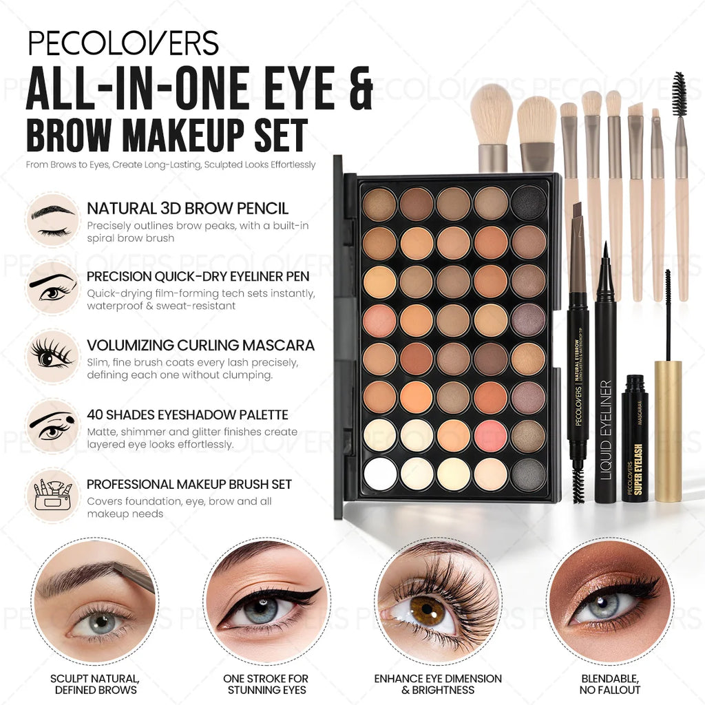 12PCS All-in-One Eye & Brow Makeup Set, 40 Shades Eyeshadow Palette, Eyebrow Pencil, Quick-Dry Liquid Eyeliner, Volumizing Curling Mascara with Brushes, Waterproof Sweat-proof, Matte Shimmer Glitter Eyeshadow Kit for Beginner