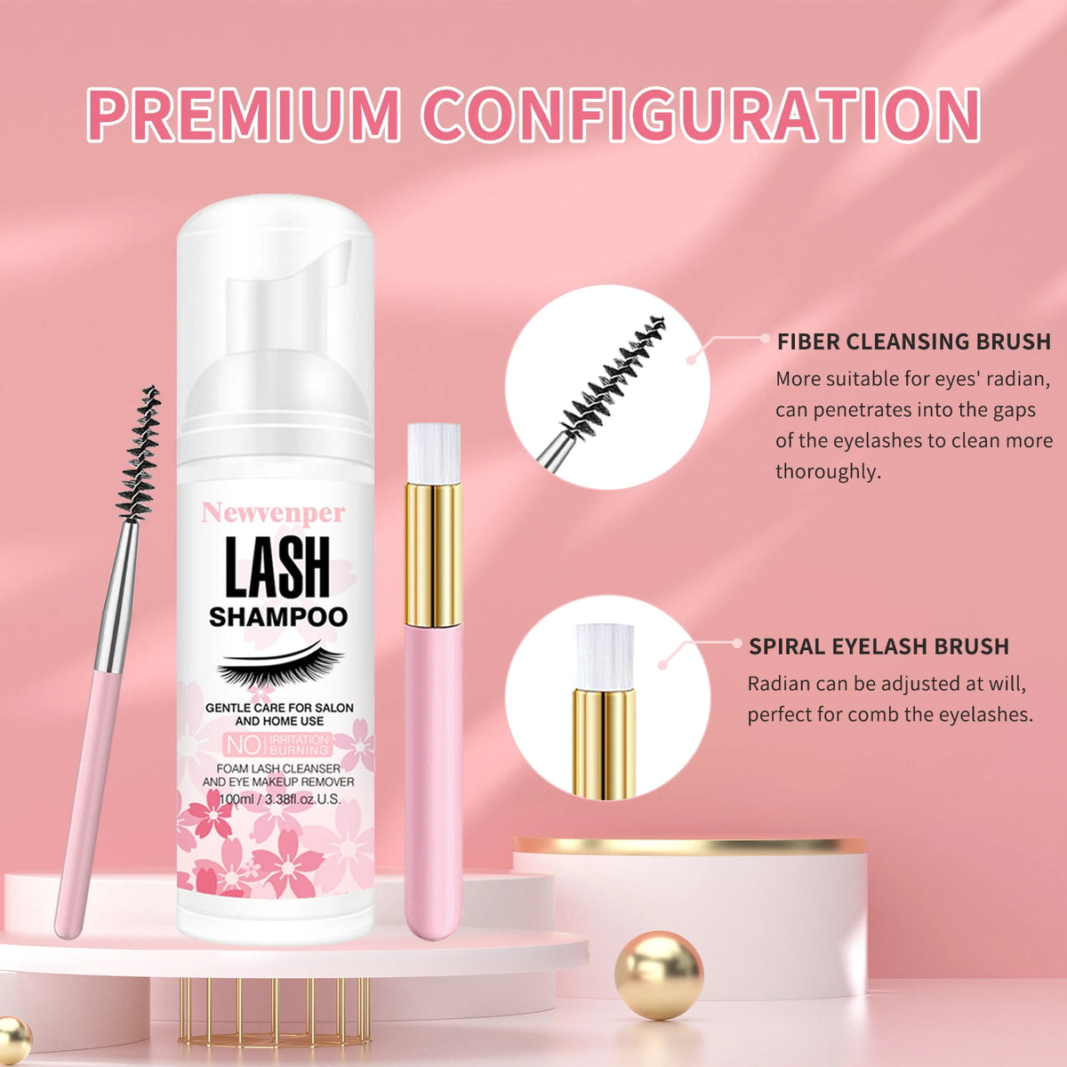 Lash Shampoo for Eyelash 100ML + Brush & Mascara Wand Eyelid Foaming Cleansing, Extension Cleanser Remover,Makeup Remover